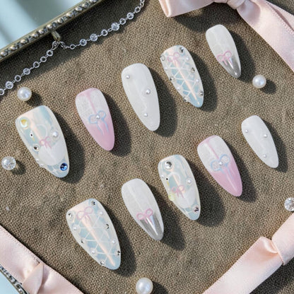 DSC00001 coquette press on nails full set with bows lace pearls and chrome laid in a box