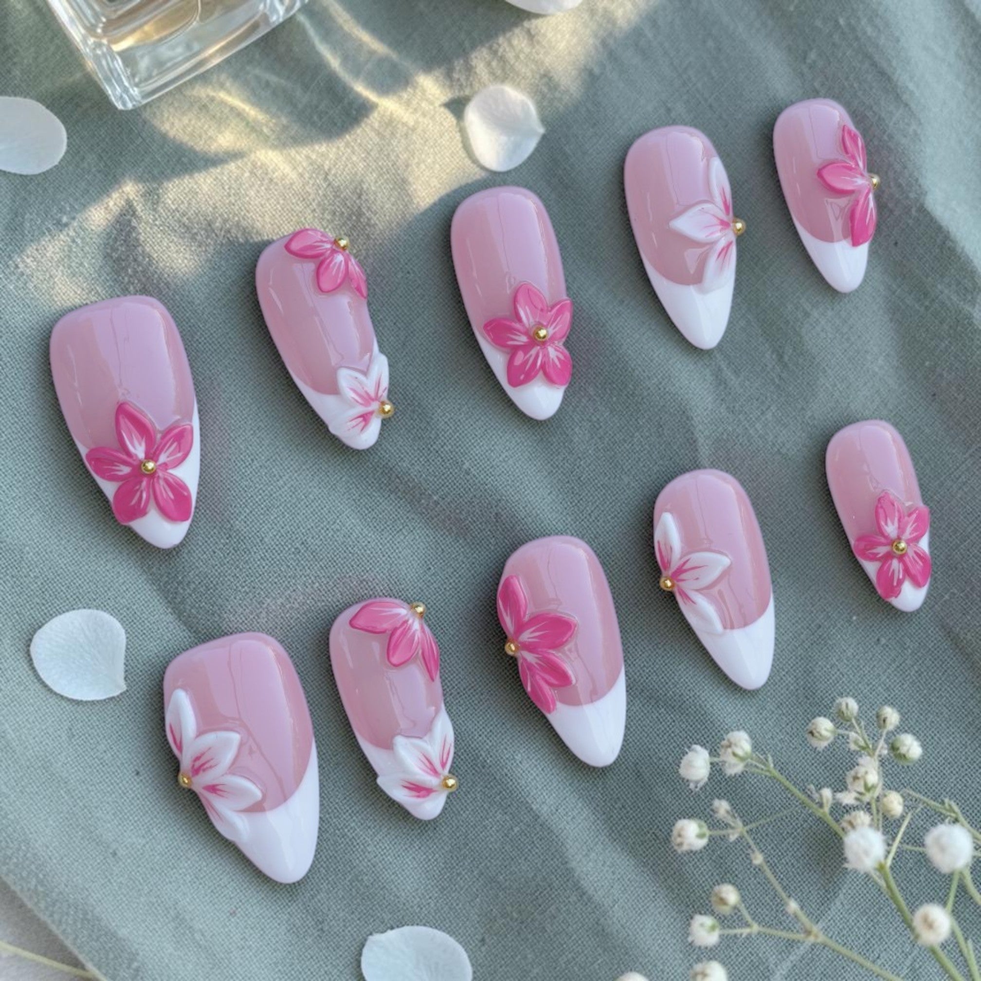Full Sakura Blush set of 3D flower press on nails in pink and white with French tips