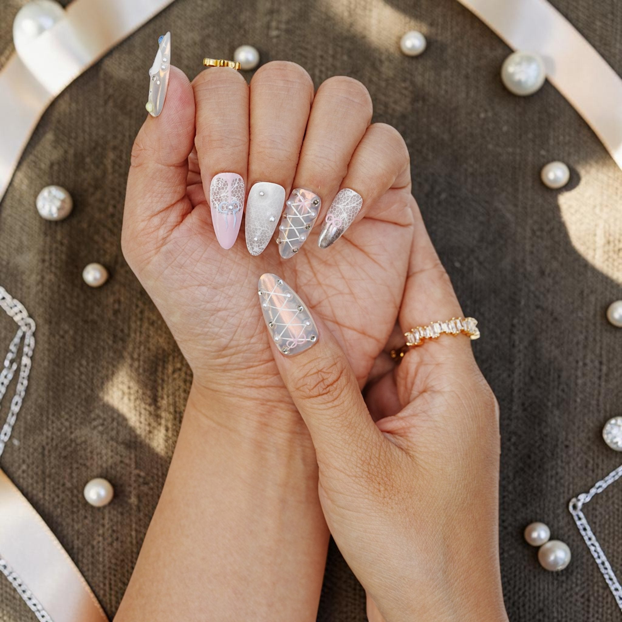 DSC00004 long almond coquette press on nails with lace and crystals