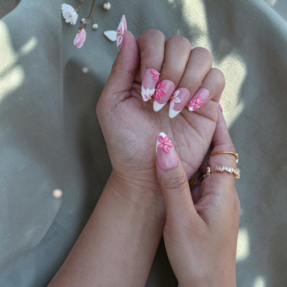 Sakura Blush press on nails with hand sculpted pink flowers and gold bead centres