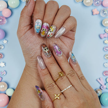 DSC00016 two hands showing cute character kawaii press on nails with bunny onesies