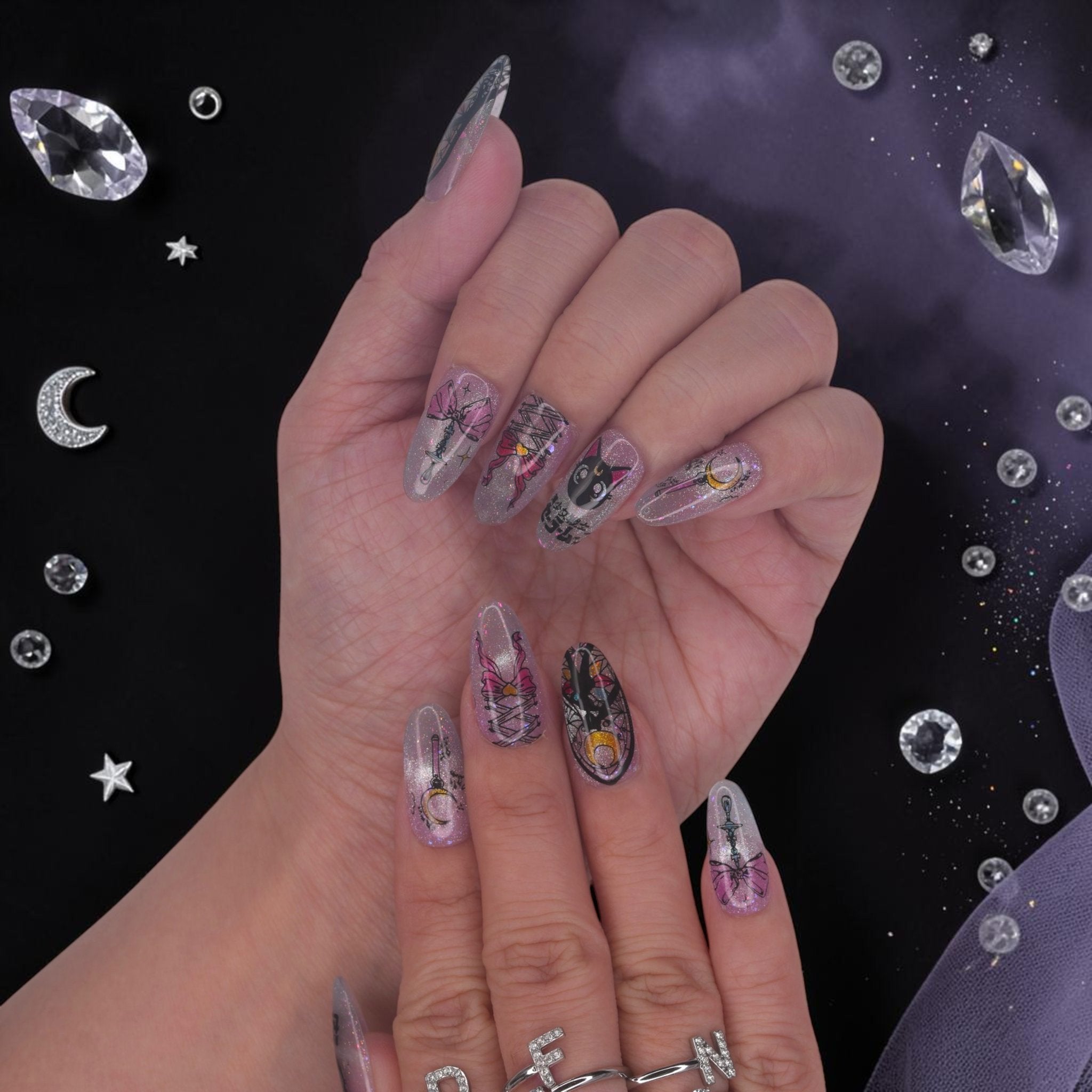 DSC00017 anime press on nails with pink bows, crescent moon and holographic glitter
