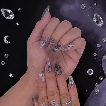 DSC00017 anime press on nails with pink bows, crescent moon and holographic glitter
