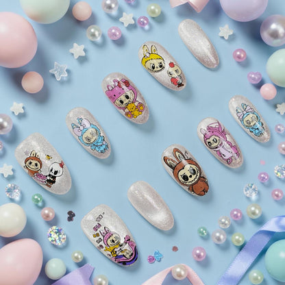 DSC00018 cute character press on nails full set with kawaii bunny cartoon friends on a glitter base laid flat