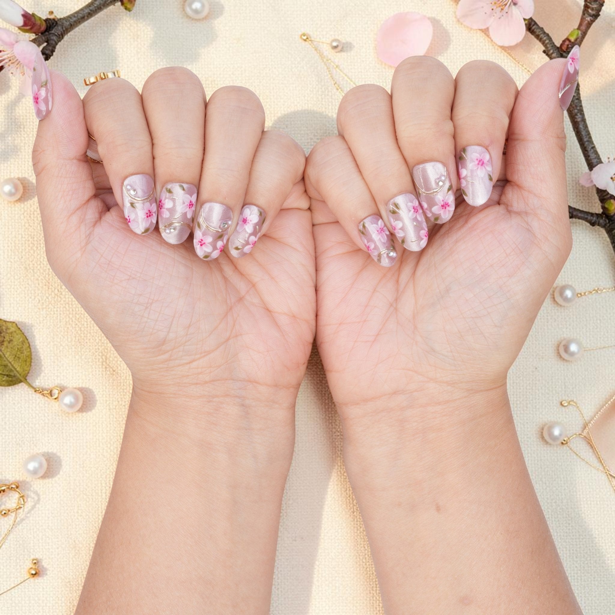 DSC00019 pair of hands showing pink sakura press on nails with gold detail