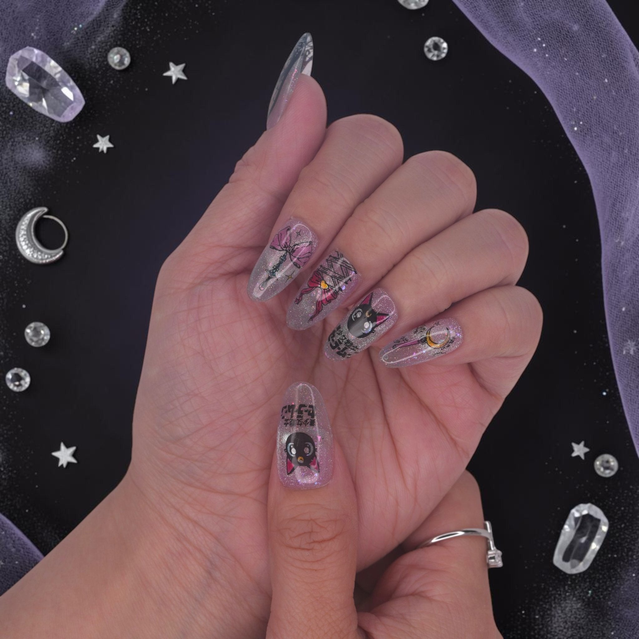 DSC00019 magical girl anime press on nails with a stained glass moon design and aurora shimmer