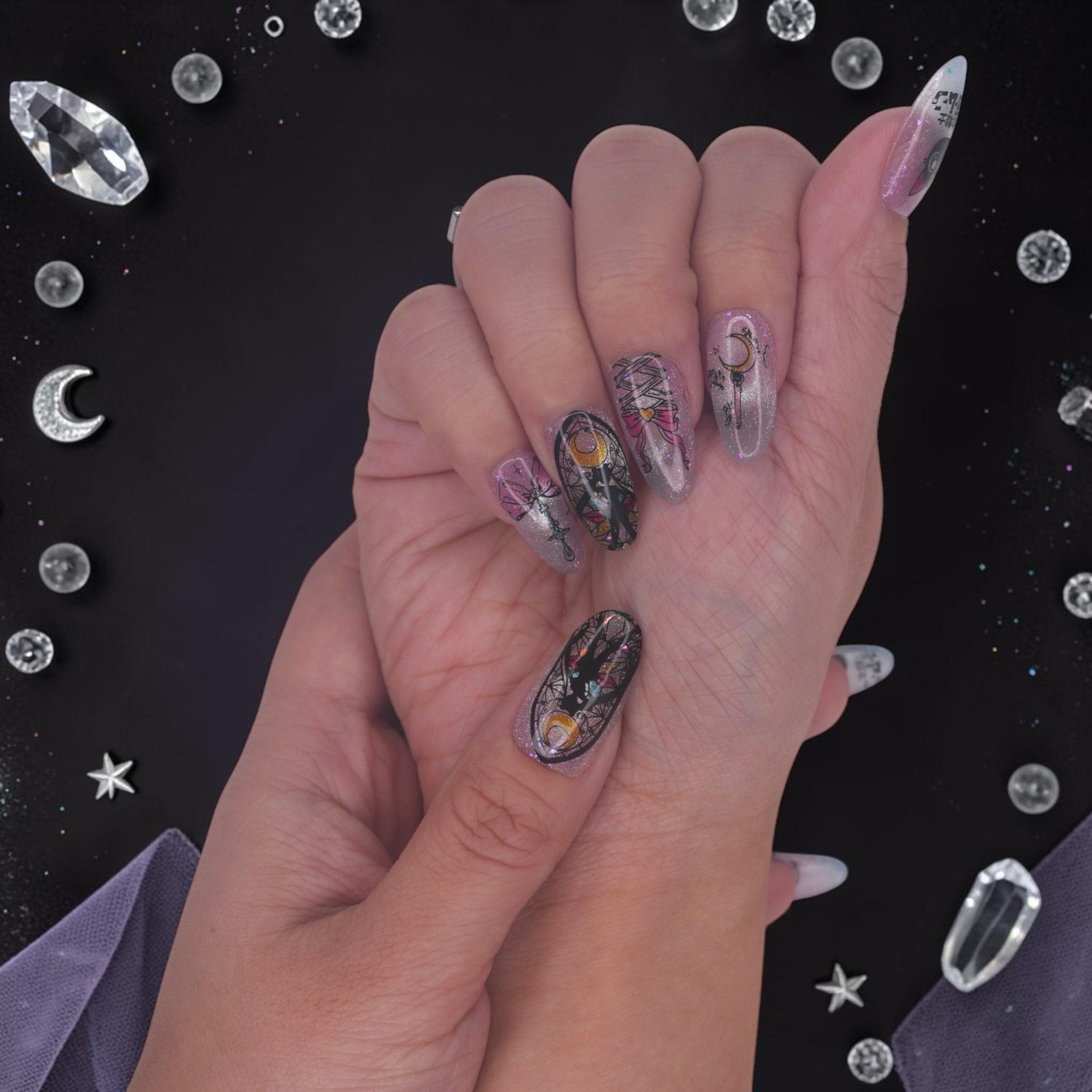 DSC00020 anime press on nails with a crescent moon wand, bows and star glitter