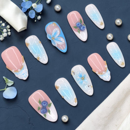 DSC00021 blueberry press on nails full set with sculpted 3D blueberries, blue flowers and gingham bows laid flat