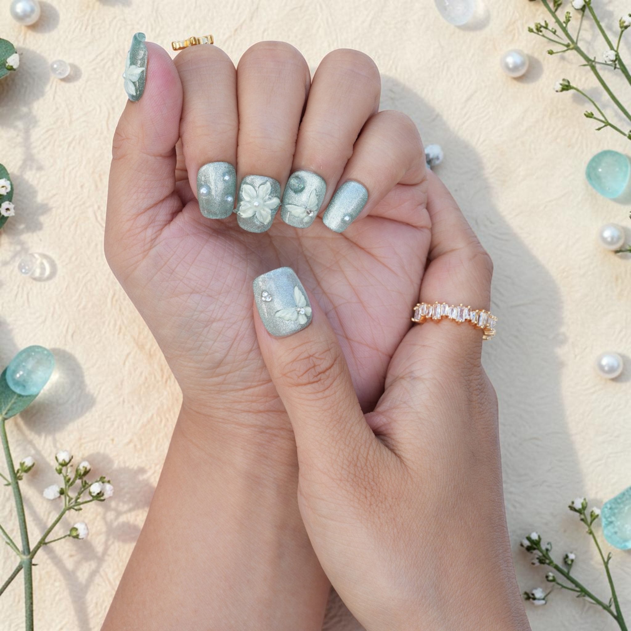DSC00025 short square sage green cat eye press on nails with pearl accents
