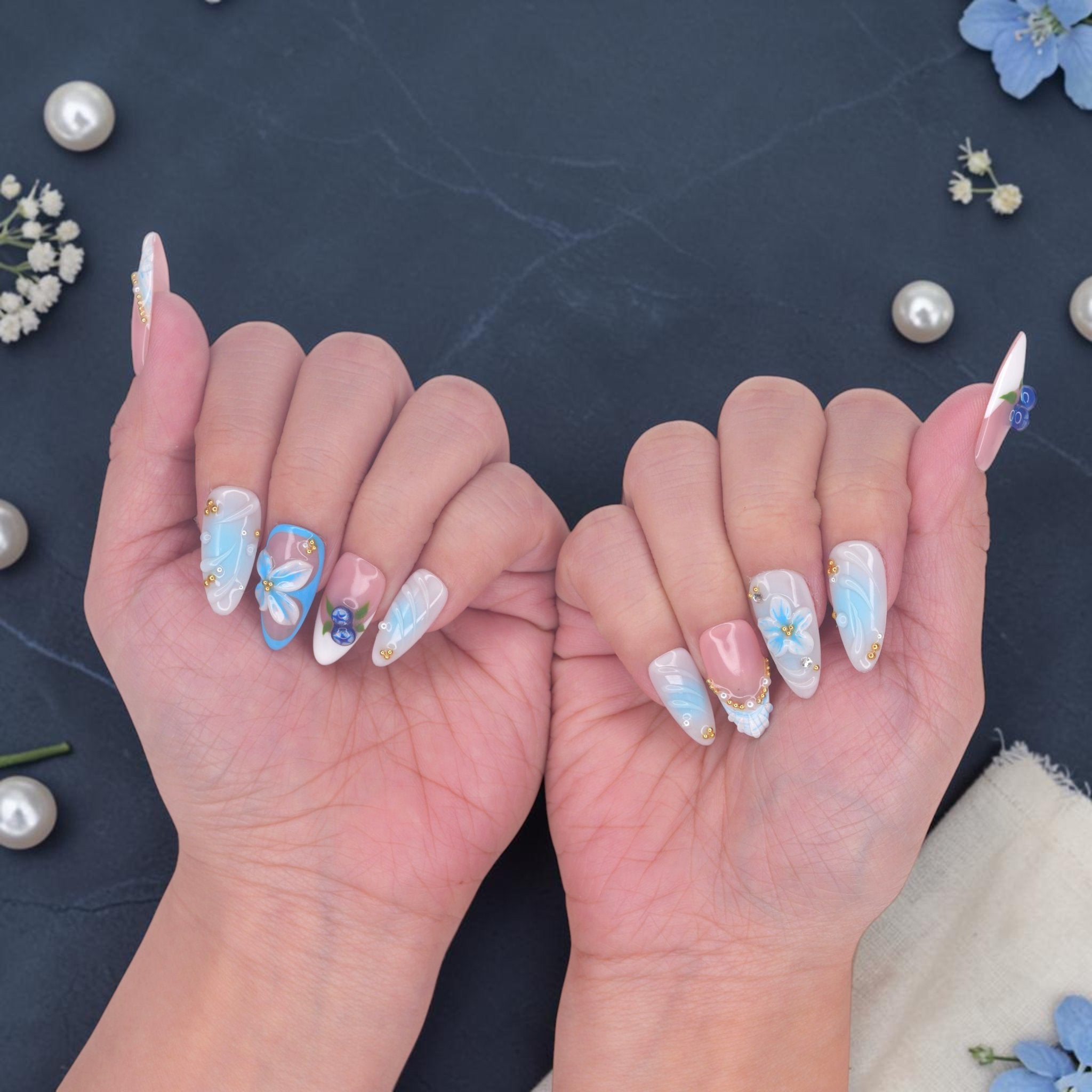 DSC00028 soft blue and nude blueberry press on nails with 3D fruit and bows