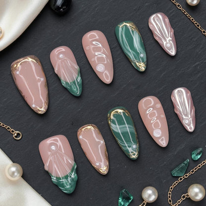 DSC00029 emerald press on nails full set with green marble, molten gold framing and pearl chrome laid flat