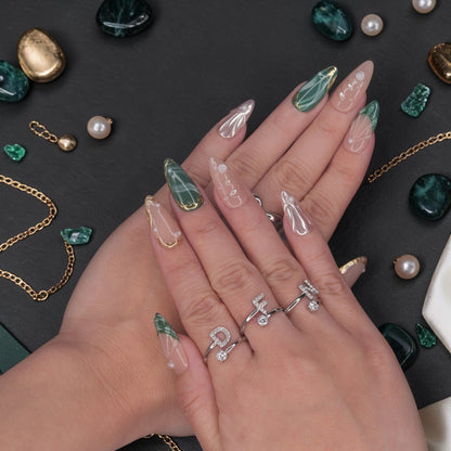 DSC00030 emerald press on nails with green marble, gold veining and pearl chrome