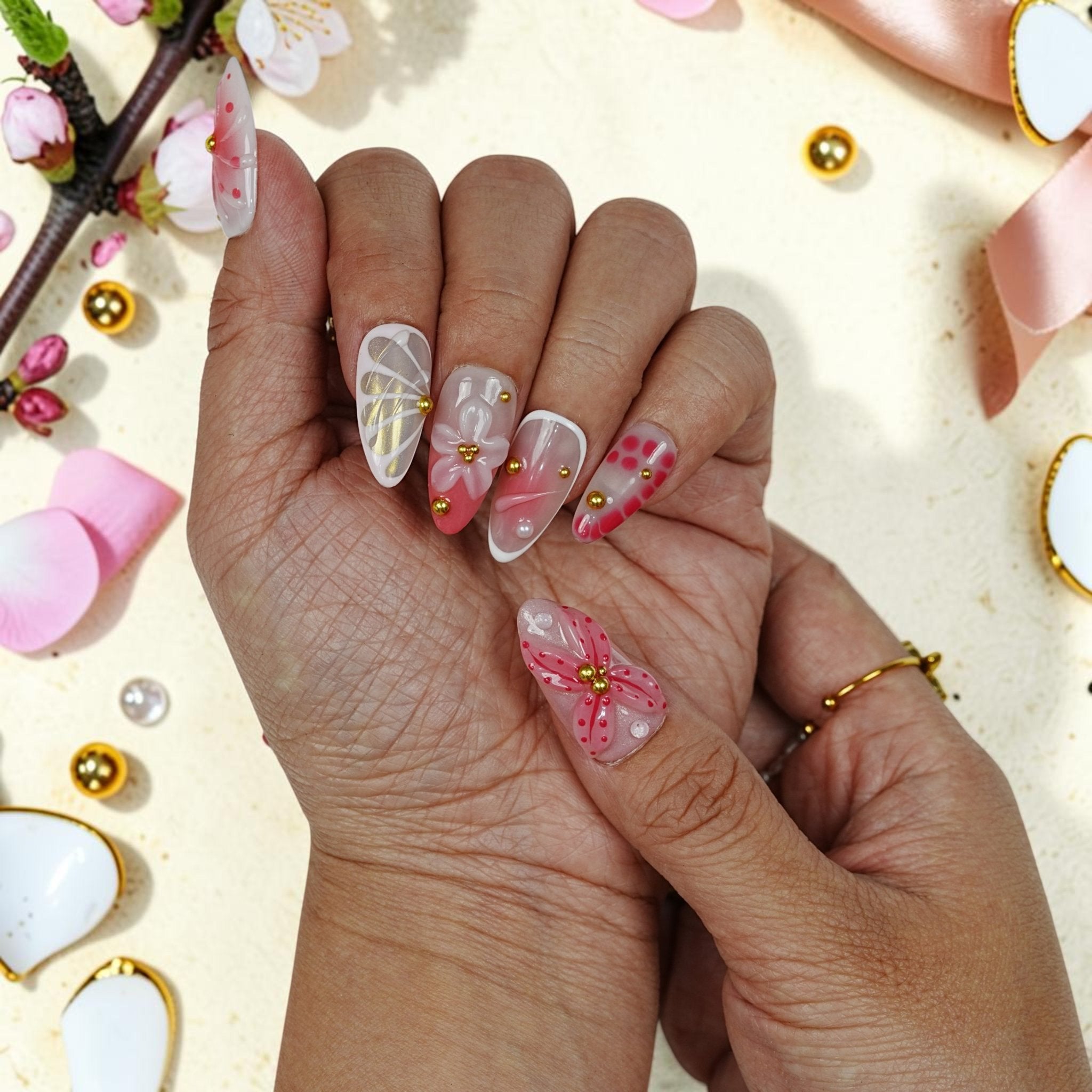 DSC00033 dreamy fairy press on nails with 3D wings and blossoms on a spring flat lay