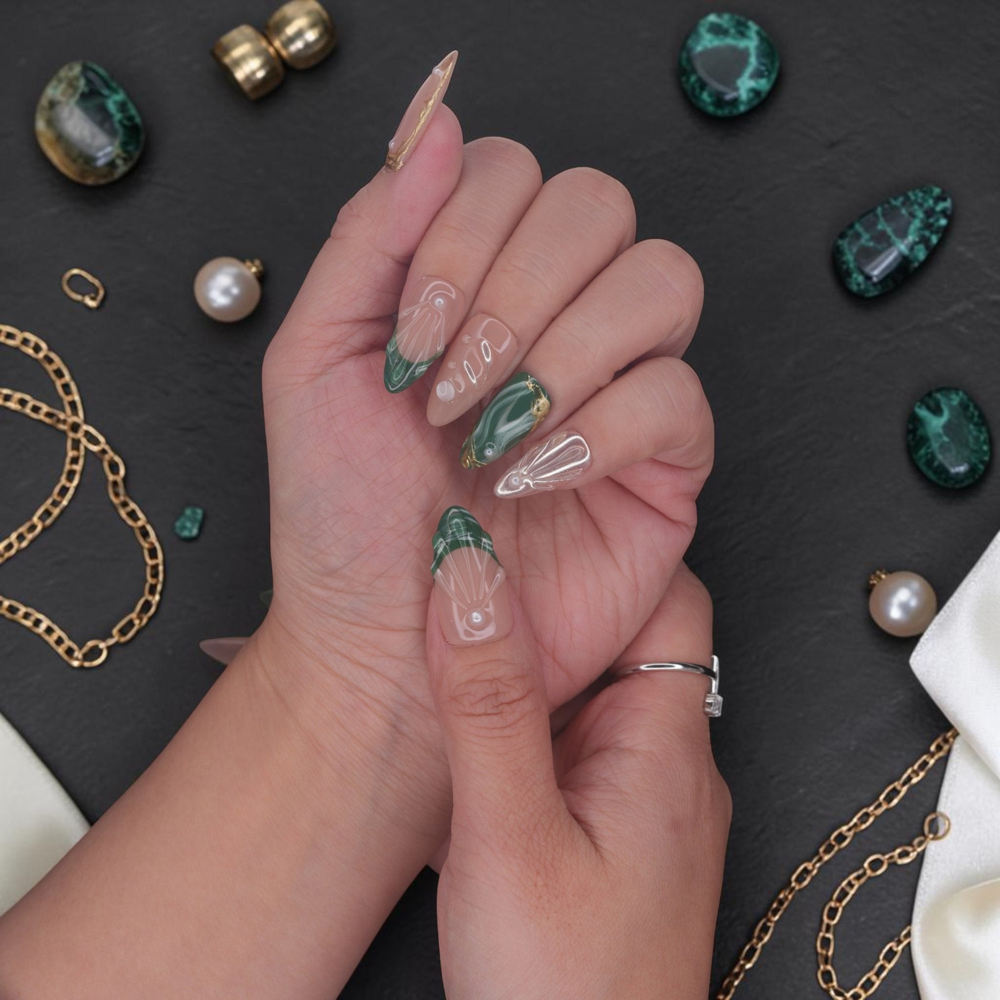 DSC00033 luxe emerald and gold press on nails with green marble and chrome