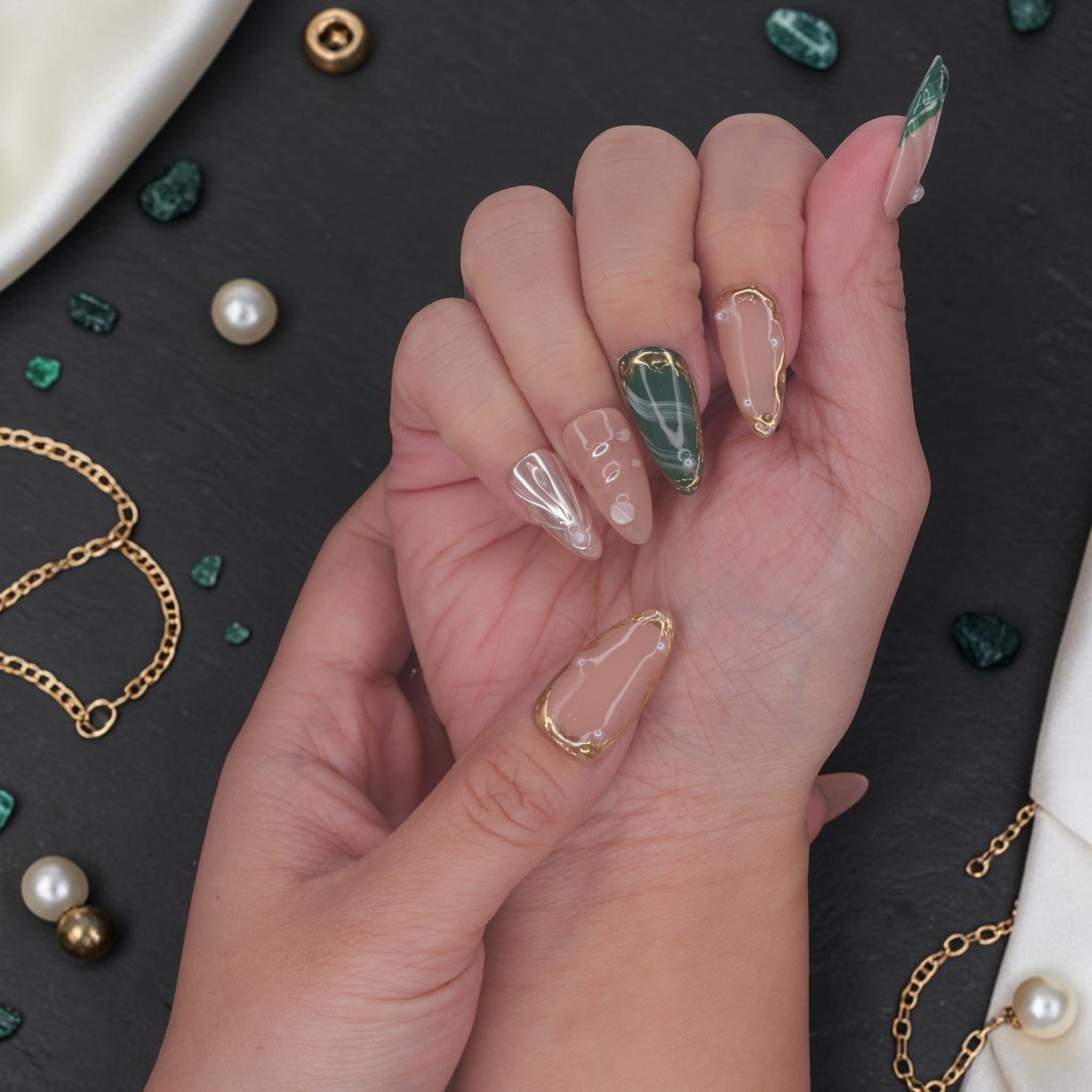 Gilded Emerald Press On Nails