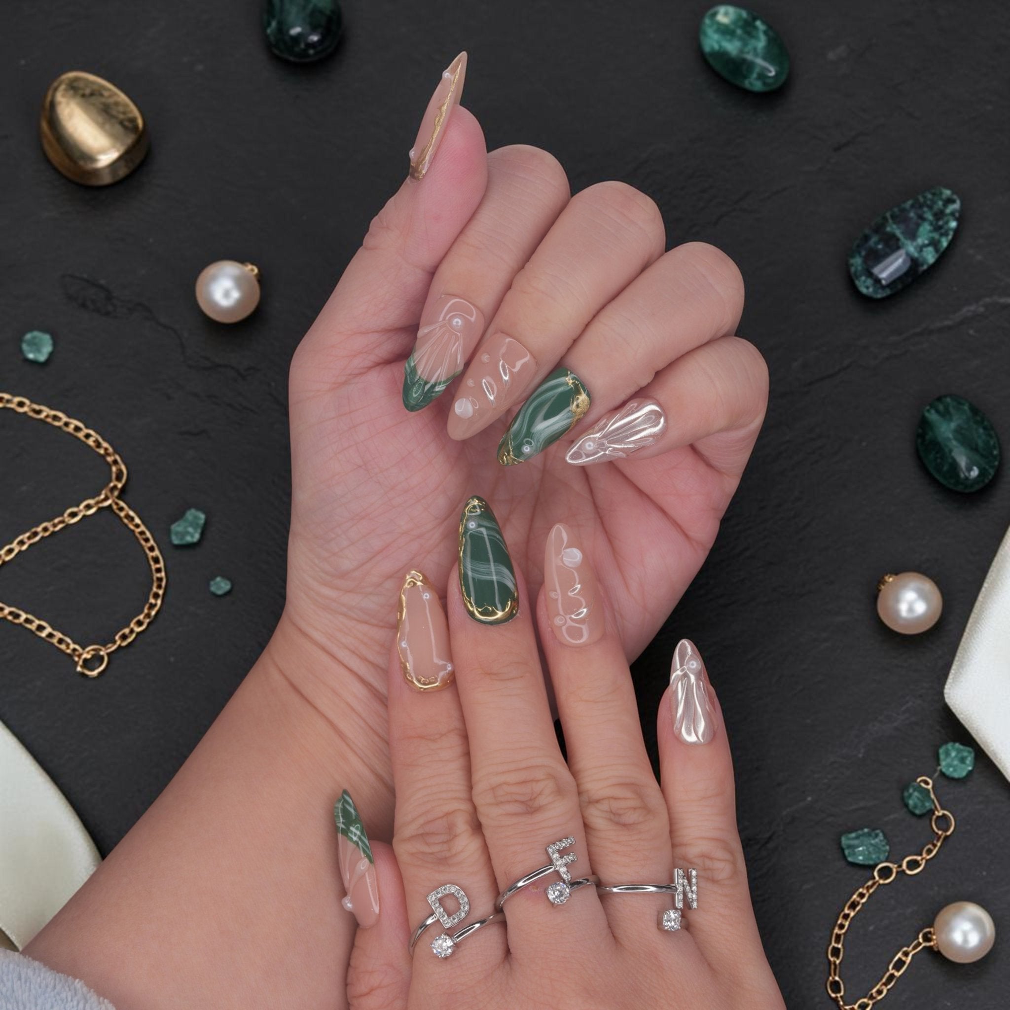 DSC00035 emerald press on nails with pearl chrome brushwork and gold