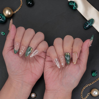 DSC00036 nude and emerald green press on nails with gold framing and pearls