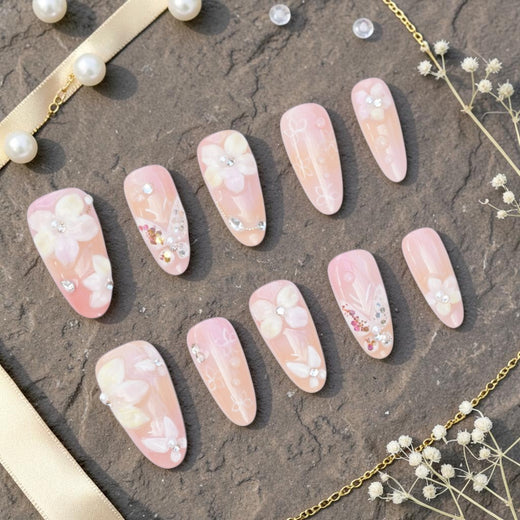 DSC00043 pink floral press on nails full set with 3D white flowers pearls and crystals laid flat