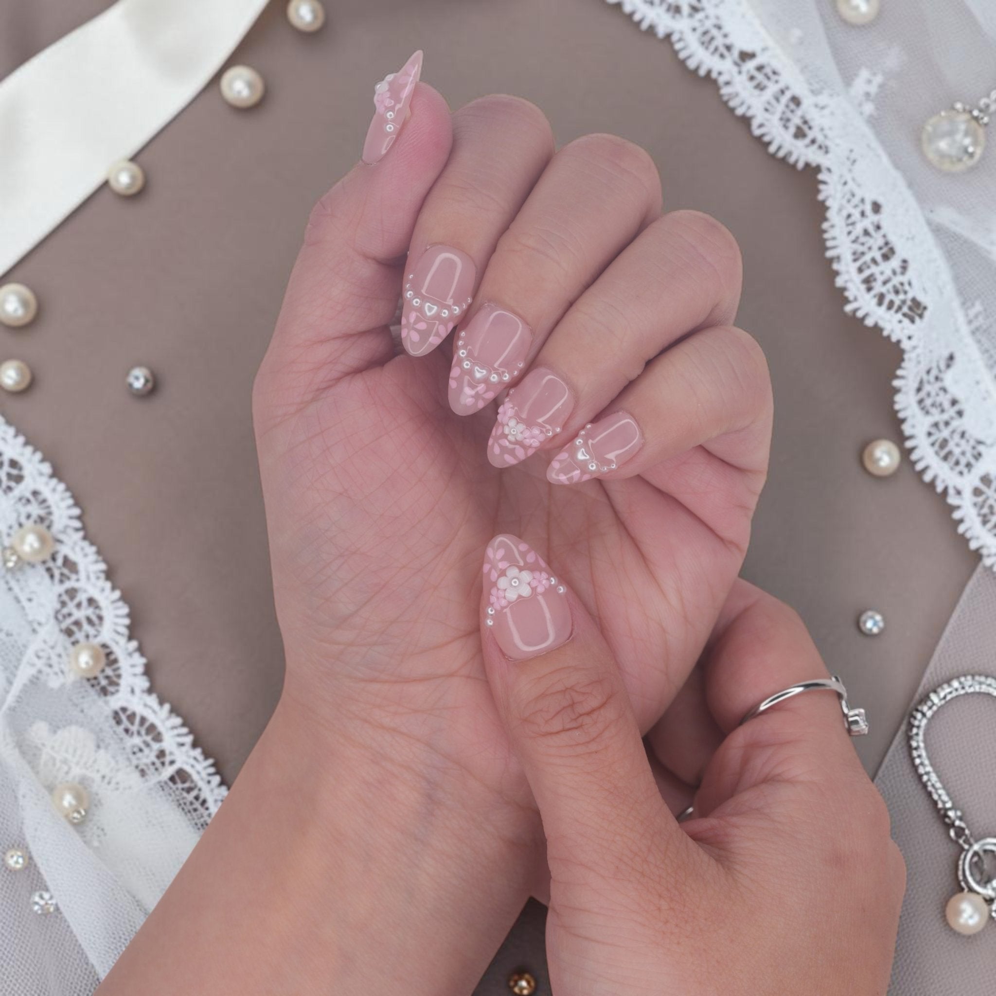 DSC00043 blush coquette press on nails with 3D flowers and pearl accents