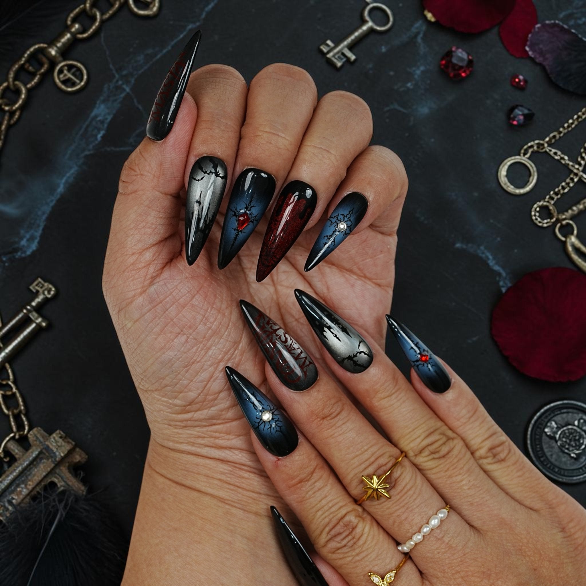 DSC00043 close up of black navy cat eye vampire press on nails with gothic cracks