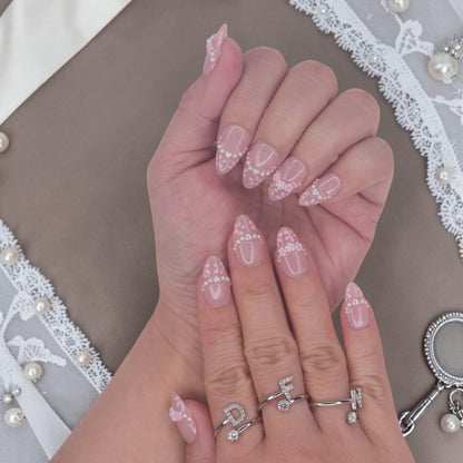 DSC00045 coquette press on nails with pink french tips, silver hearts and pearls