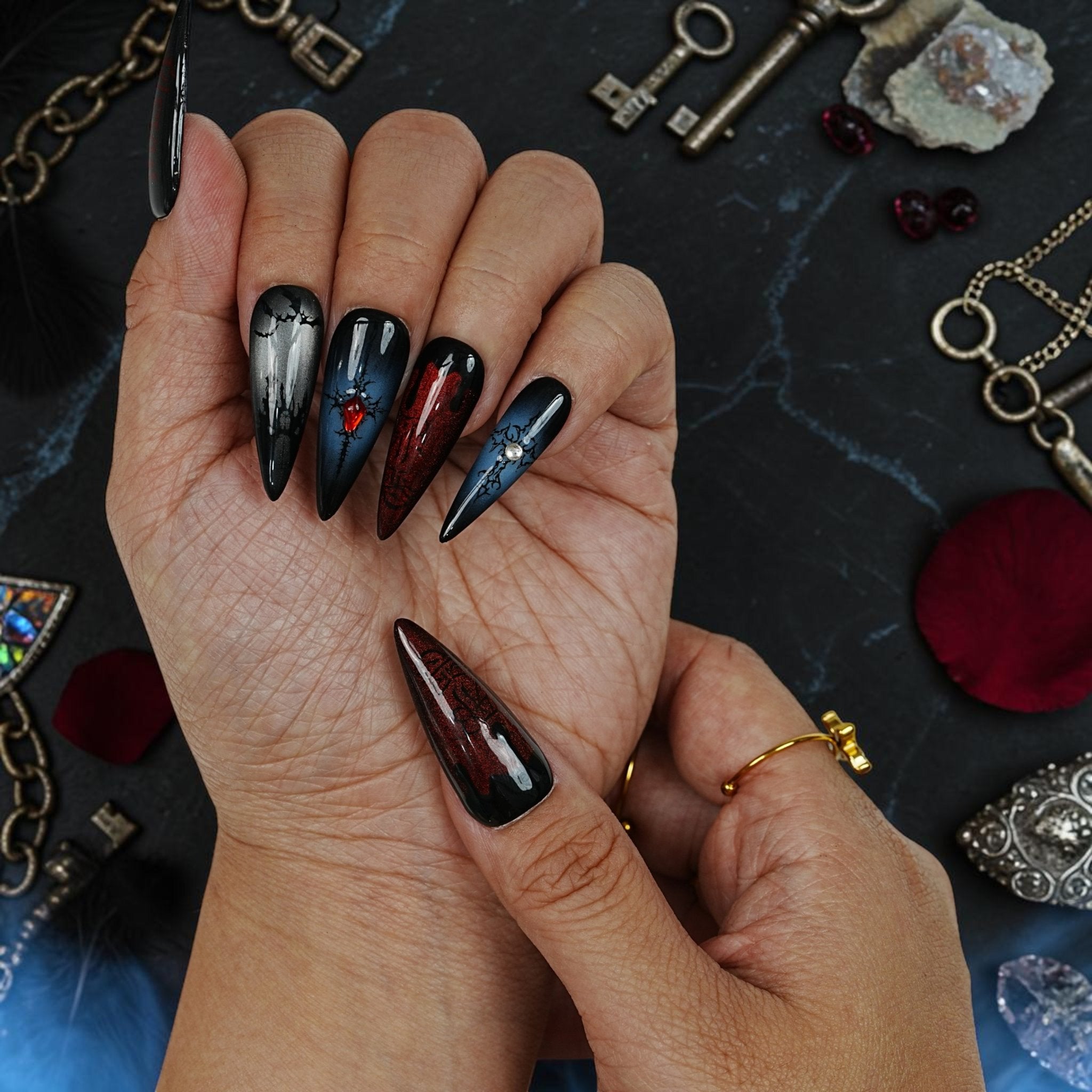 DSC00045 gothic vampire press on nails in black and steel with red gems and crystals