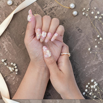 DSC00048 medium almond press on nails in baby pink with hand sculpted flowers