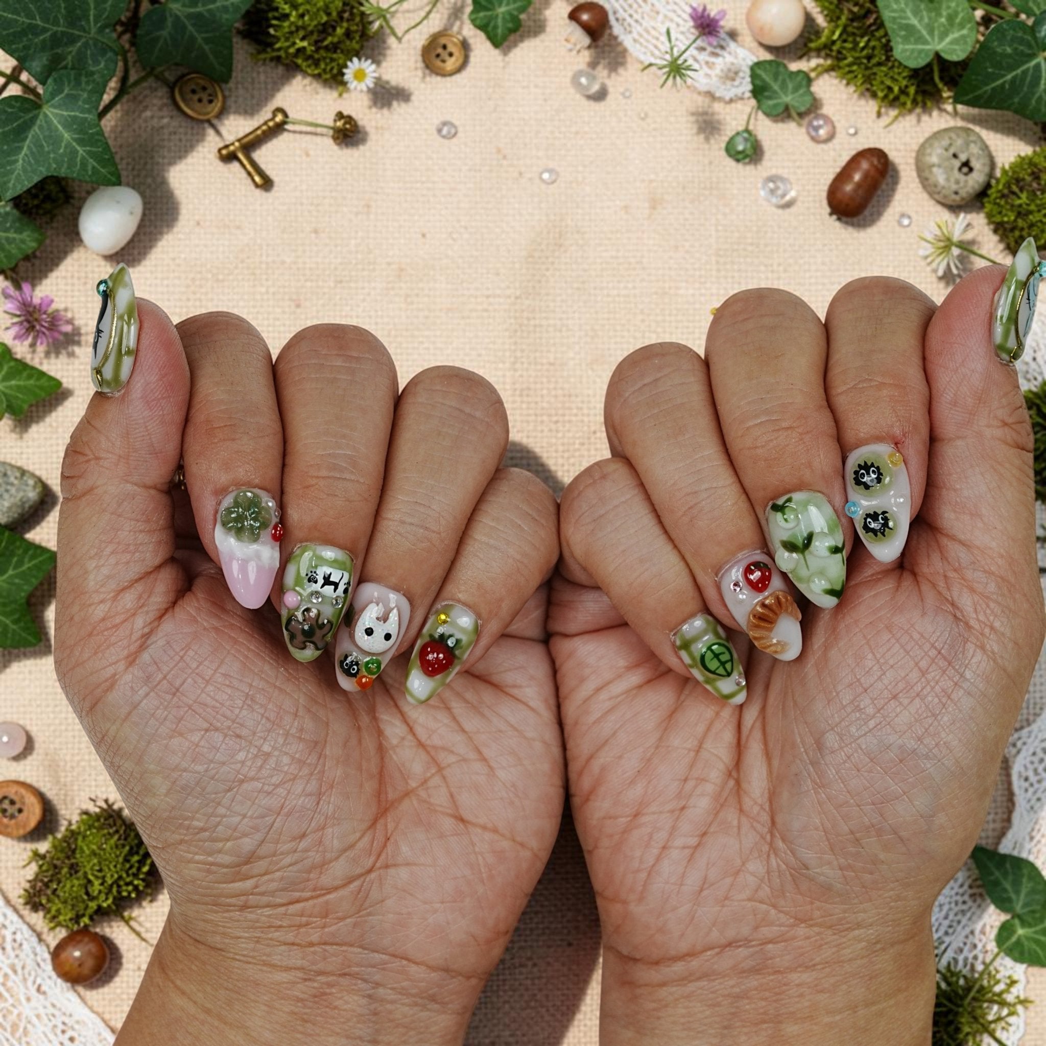 DSC00056 matcha green woodland press on nails with cute characters and 3D fruit on both hands
