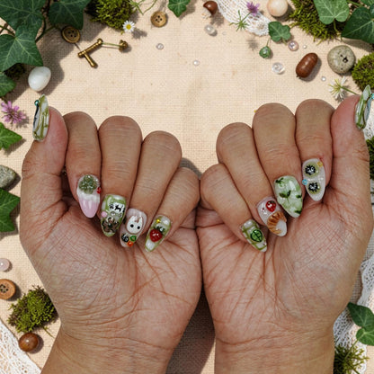 DSC00056 matcha green woodland press on nails with cute characters and 3D fruit on both hands
