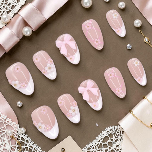 DSC00056 bow press on nails full set with 3D pink bows, sculpted flowers and white french tips laid flat