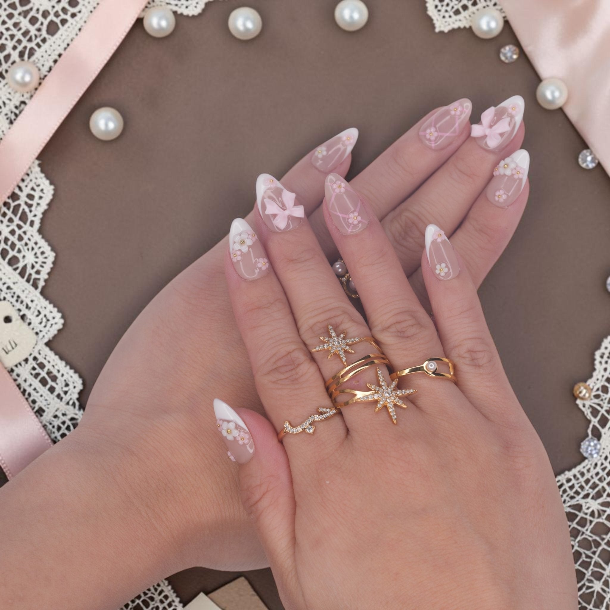 DSC00057 bow press on nails with 3D pink bows, flowers and gold accents