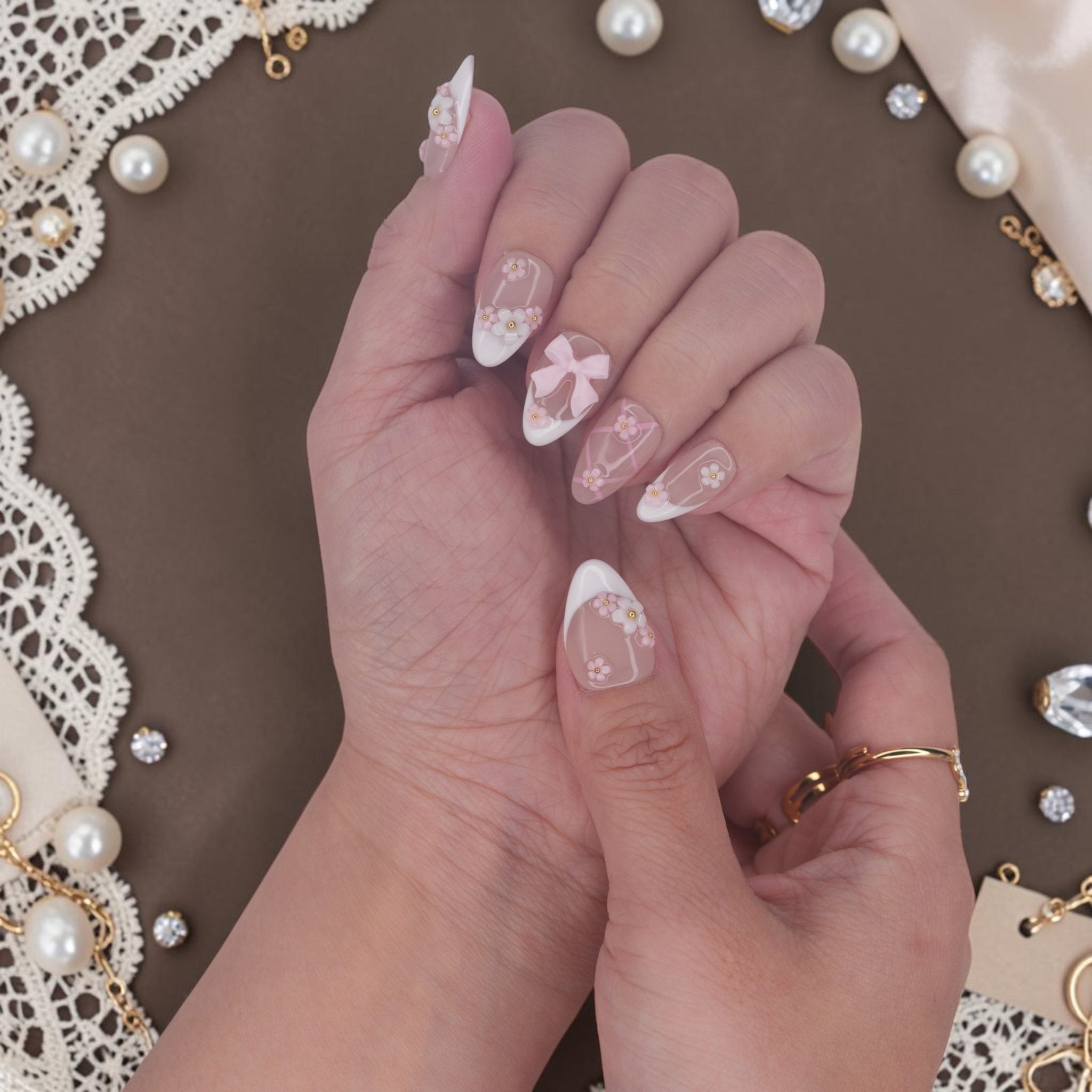 DSC00060 soft pink bow press on nails with white french tips and 3D flowers