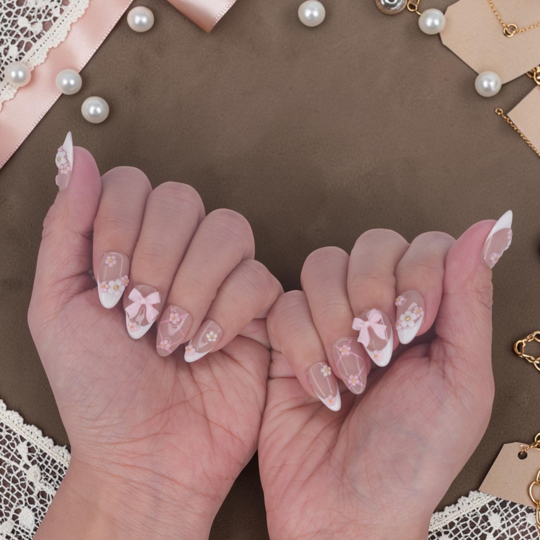 DSC00063 bow press on nails with 3D pink bows, white french and pearls