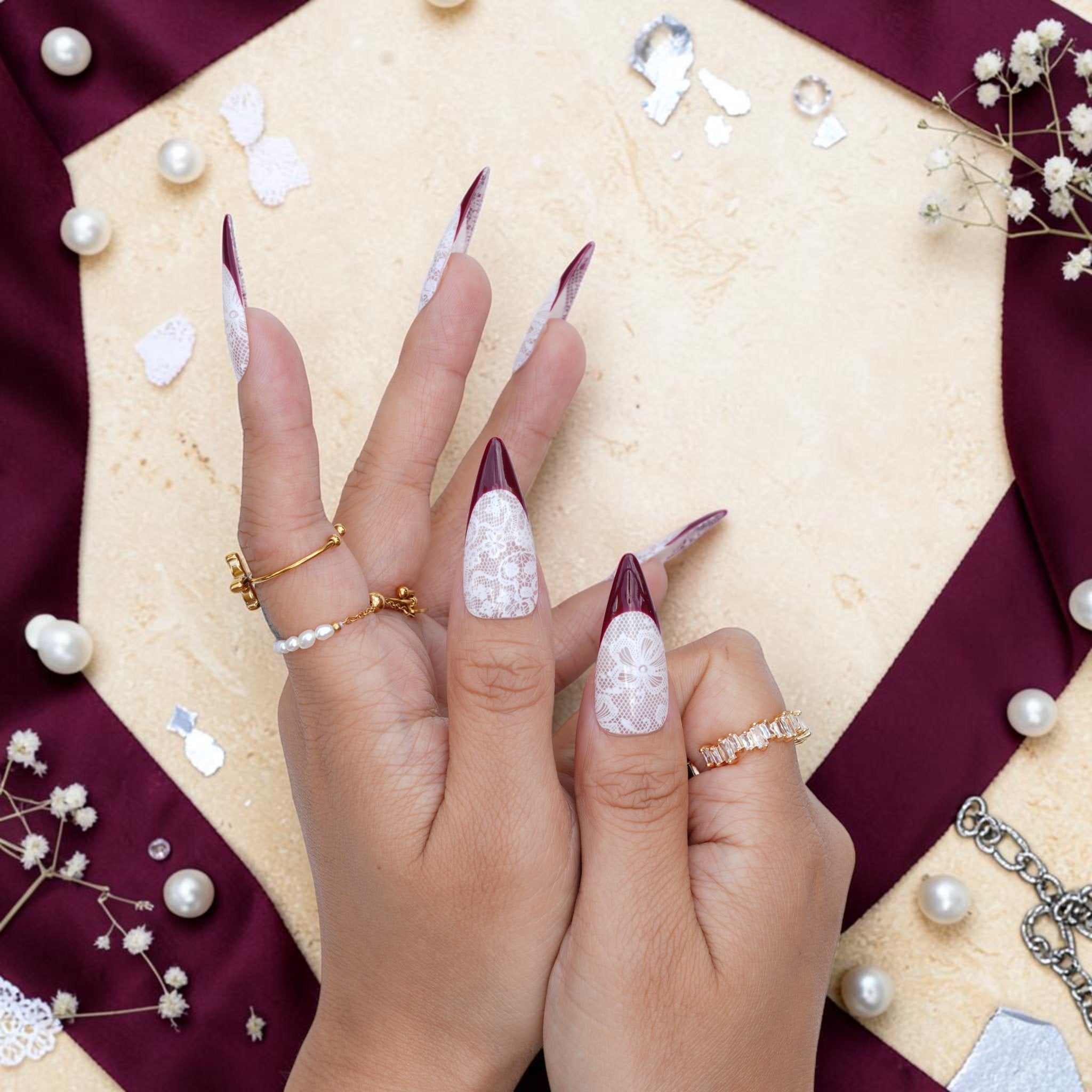 DSC00064 long stiletto press on nails with lace pattern and deep burgundy tips
