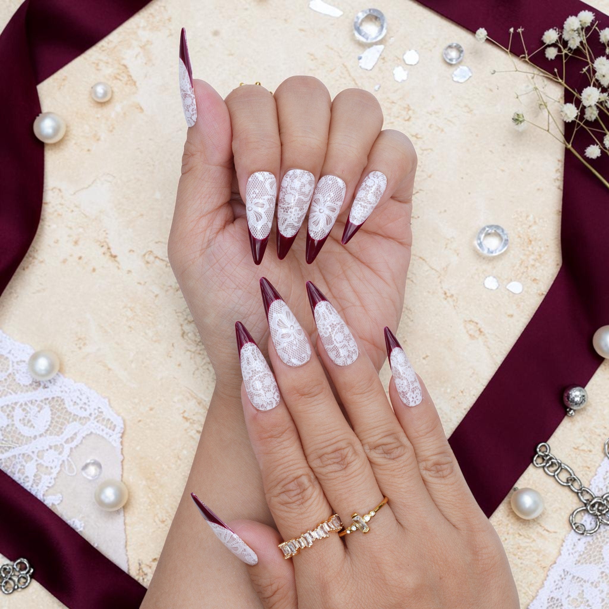 DSC00065 handmade white lace press on nails with glossy wine French tips