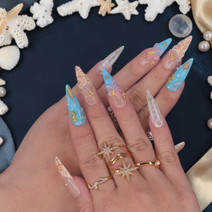 DSC00065 mermaid press on nails with gold seahorse, sculpted pink flower and nautilus shell tips