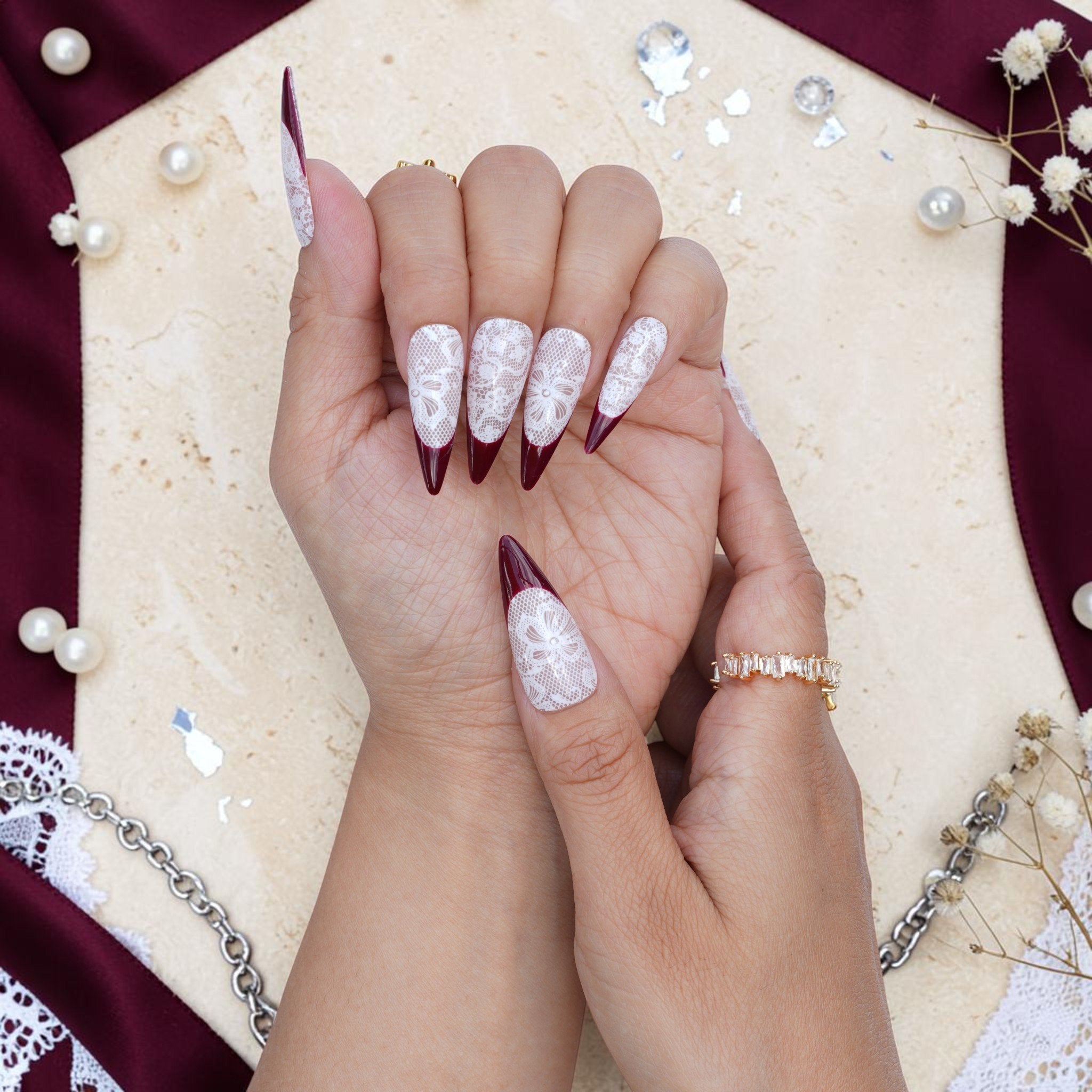 DSC00066 white lace floral press on nails held in two hands