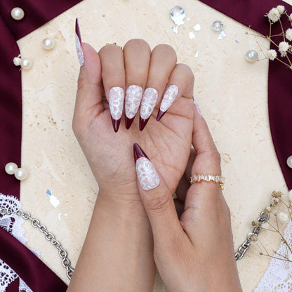 DSC00066 white lace floral press on nails held in two hands