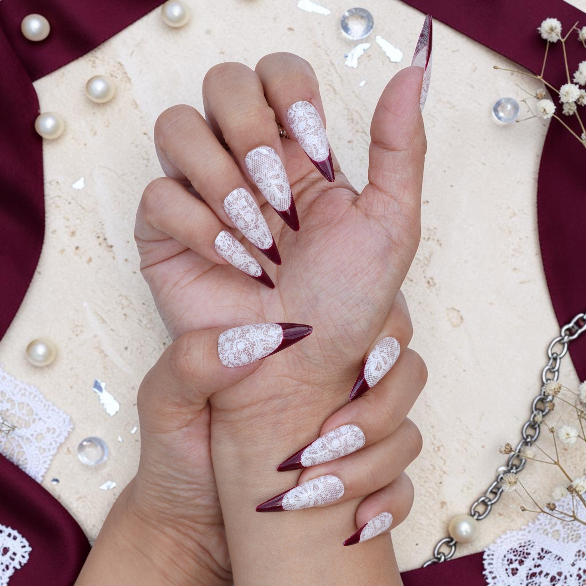 DSC00067 burgundy stiletto press on nails with delicate lace detail