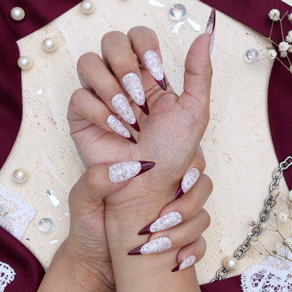 DSC00067 burgundy stiletto press on nails with delicate lace detail