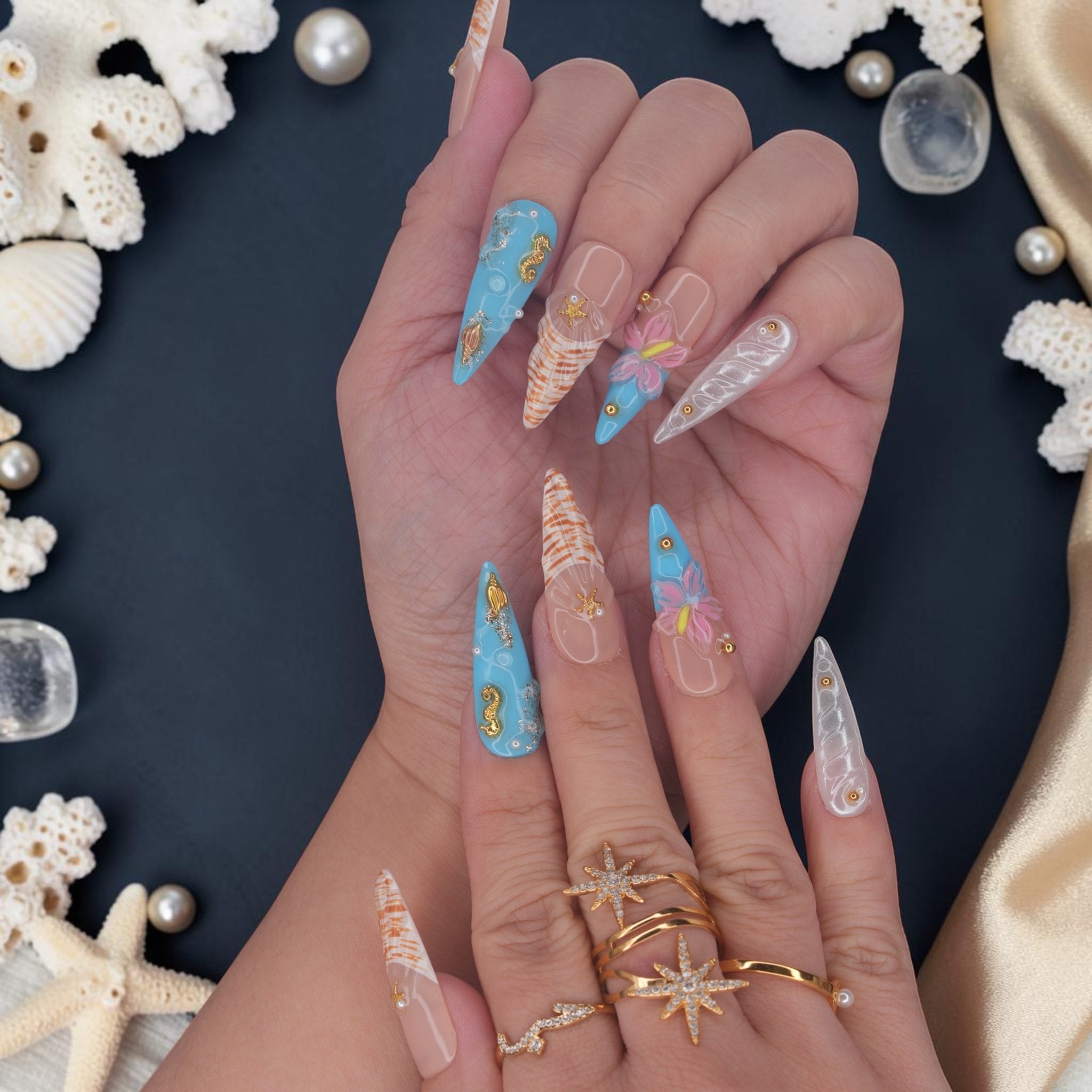 DSC00071 mermaid press on nails with iridescent shell, gold seahorse and 3D flower details