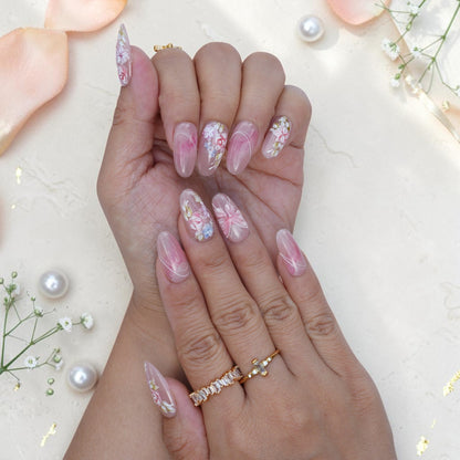 Blush pink wedding press on nails with watercolour roses and fine line accents