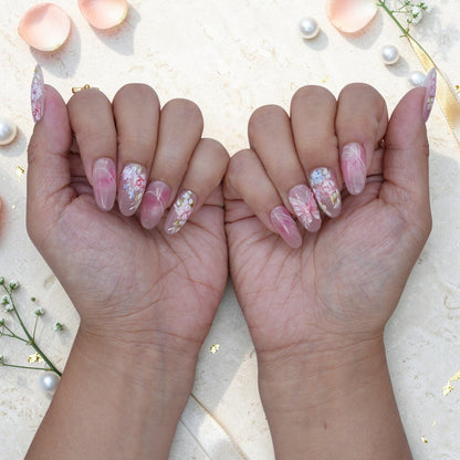 Watercolour rose press on nails thumb close up with hand painted roses and leaves