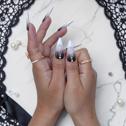 Gothic stiletto lace press on nails styled with black lace and pearls