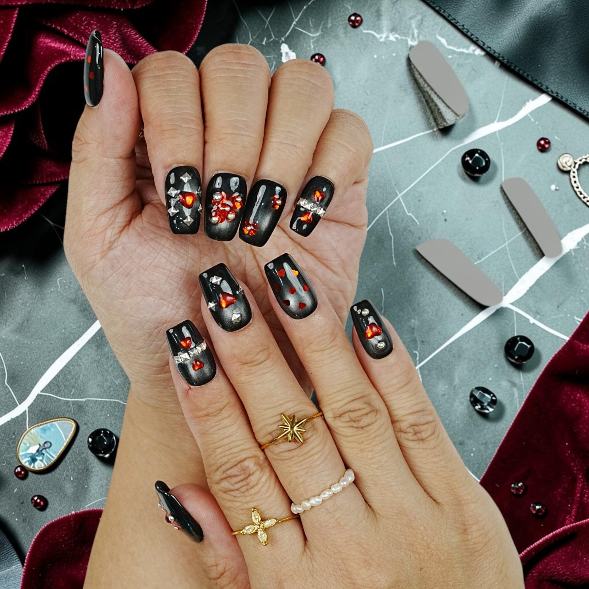 DSC00085 edgy black gothic press on nails with red heart gems studs and crystals