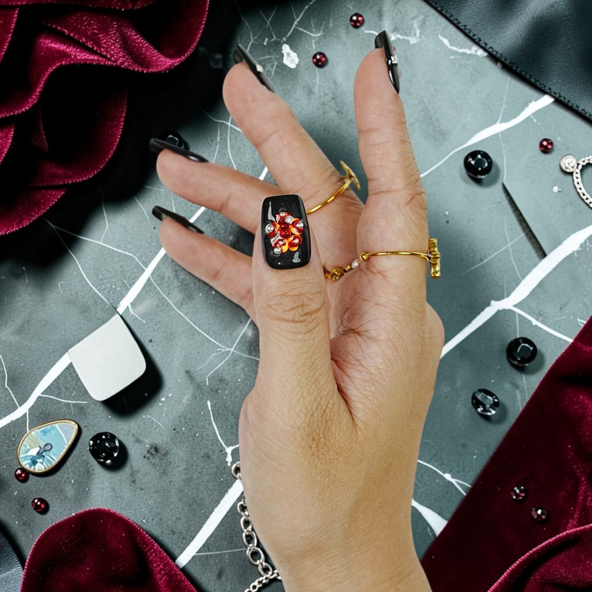 DSC00088 gothic black press on nail with a red gem heart cluster