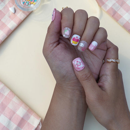 Short square cute cat press on nails with kitten, cupcake and strawberry designs