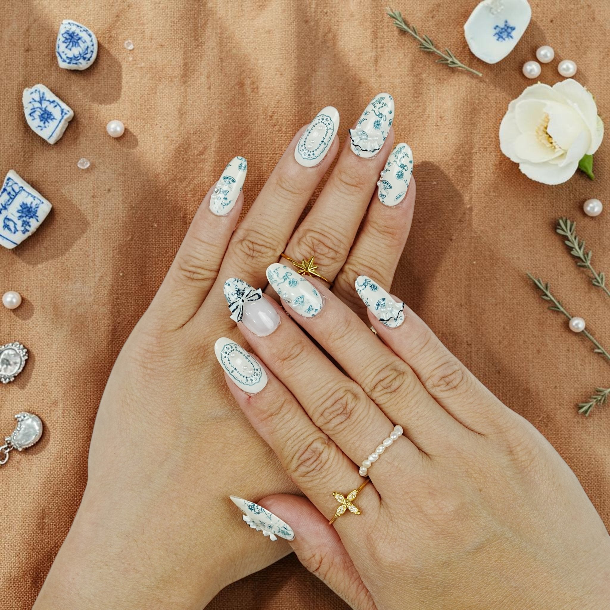 DSC00093 blue and white toile porcelain press on nails with a 3D bow and pearls