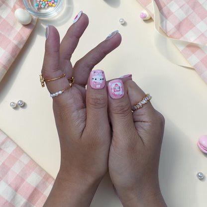Cute cat press on nails thumb with pink kitten and heart design