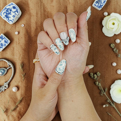 DSC00096 blue and white porcelain press on nails with butterflies and pearl accents